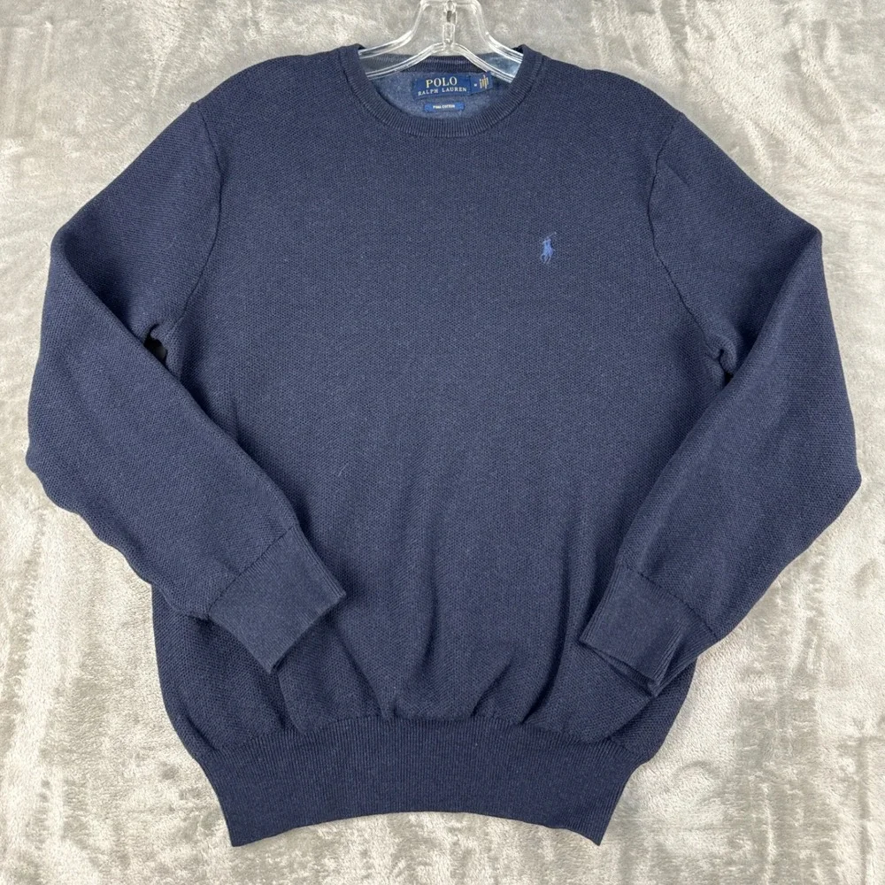 Polo Ralph Lauren Sweater Mens M Crewneck Navy Blue Pima Cotton EUC
